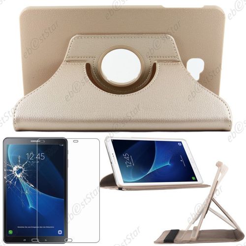 Ebeststar ® Pour Samsung Galaxy Tab A 2016 10.1 T580 T585 (A6) - Housse Coque Etui Pu Cuir Rotatif Avec Support À Rotation 360° + Verre, Couleur Or / Doré [Dimensions Precises De Votre Appareil : 254.2 X 155.3 X 8.2 Mm, Écran 10.1'']