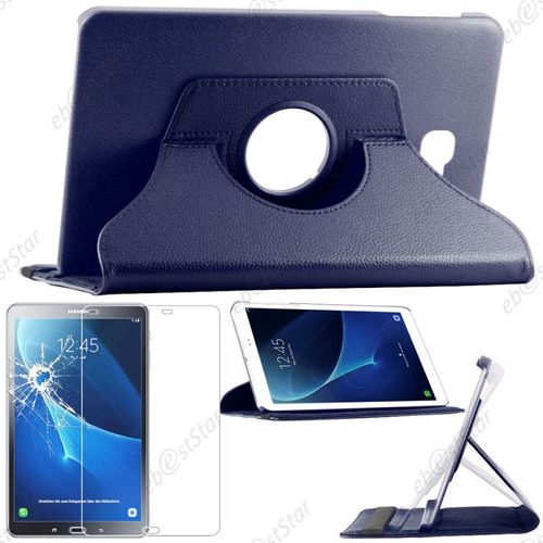 Ebeststar ® Pour Samsung Galaxy Tab A 2016 10.1 T580 T585 (A6) - Housse Coque Etui Pu Cuir Rotatif Avec Support À Rotation 360° + Verre, Couleur Bleu Foncé [Dimensions Precises De Votre Appareil : 254.2 X 155.3 X 8.2 Mm, Écran 10.1'']