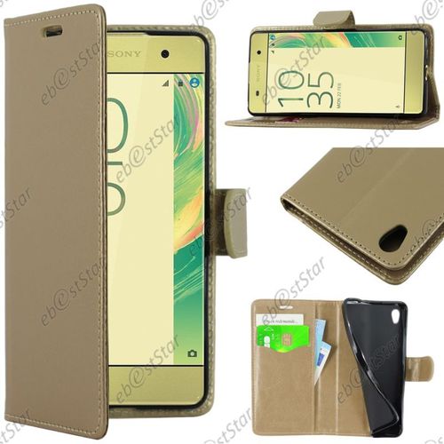 Ebeststar ® Pour Sony Xperia Xa, Xa Dual - Housse Coque Etui Portefeuille Support Folio Simi Cuir, Couleur Or / Doré [Dimensions Precises De Votre Appareil : 143.6 X 66.8 X 7.9 Mm, Écran 5'']