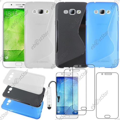 Ebeststar ® Pour Samsung Galaxy A8 Sm-A800f - Lot X3 Housse Etui Coque Silicone Motif S-Line Protection Souple + Mini Stylet + 3 Film Écran, Couleur Transparent, Noir, Bleu [Dimensions Precises De Votre Appareil : 158 X 76.8 X 5.9 Mm, Écran 5.7'']