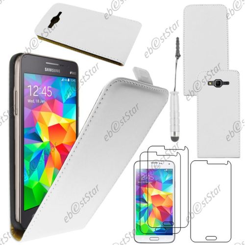 Ebeststar ® Pour Samsung Galaxy Grand Prime Sm-G530f, Value Edition Sm-G531f - Housse Coque Etui En Pu Cuir À Rabat Ultra Fine + Mini Stylet + 3 Film Écran, Couleur Blanc [Dimensions Precises De Votre Appareil : 144.8 X 72.1 X 8.6 Mm, Écran 5'']