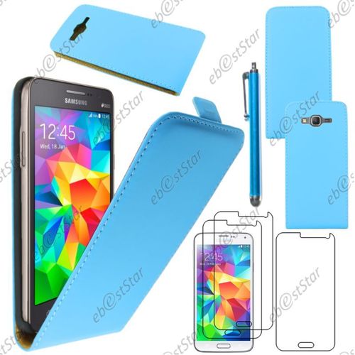 Ebeststar ® Pour Samsung Galaxy Grand Prime Sm-G530f, Value Edition Sm-G531f - Housse Coque Etui En Pu Cuir À Rabat Ultra Fine + Stylet + 3 Film Écran, Couleur Bleu [Dimensions Precises De Votre Appareil : 144.8 X 72.1 X 8.6 Mm, Écran 5'']