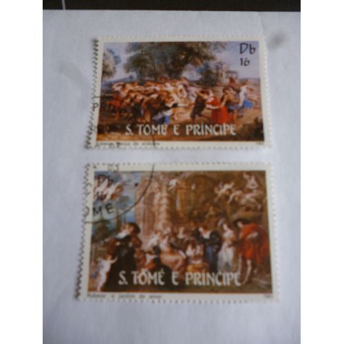 Lot De 2 Timbres Tome Et Principe 1983:Rubens:Le Jardin D'amour Et Danse.