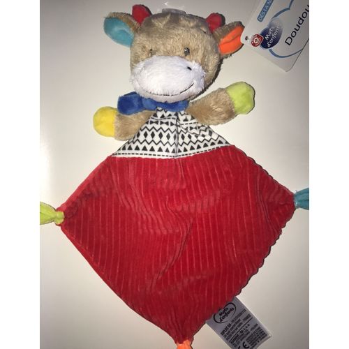 Doudou Vache Rouge Beige Lucky Plat Mouchoir Mots D'enfants