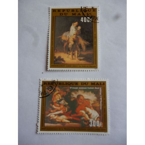 Lot De 2 Timbres Mali 1980:Rembrandt:La Fuite En Égypte Et Lotto:Joseph Montrant L'enfant Jésus.