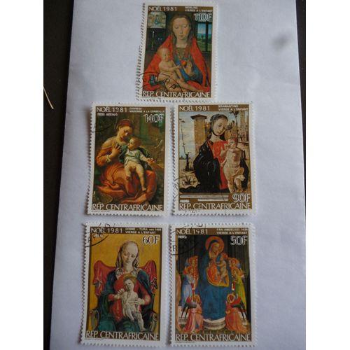 Lot De 5 Timbres Centrafrique: Noël 1981:Vierge À L'enfant De Fra Angelico;Correge;Memling:Cosme-Tura;Bramantino.