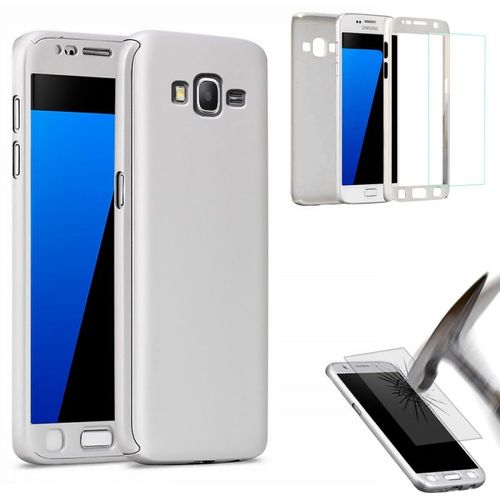 Case Coque Samsung Galaxy J3 2016 Intégrale Argent Silver Full + 1 Verre De Protection Trempé