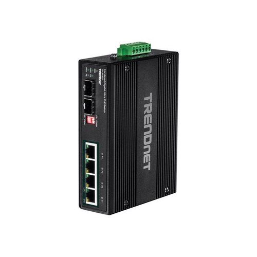 TRENDnet TI-UPG62 - Commutateur - non géré - 4 x 10/100/1000 (PoE+) + 2 x Gigabit SFP - Montage sur rail DIN, fixation murale - PoE+ (240 W) - Tension CC