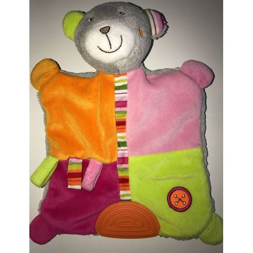 Doudou Ours Gris Rose Orange Fuchsia Plat Mordant Peluche Grelot Hochet Ourson 