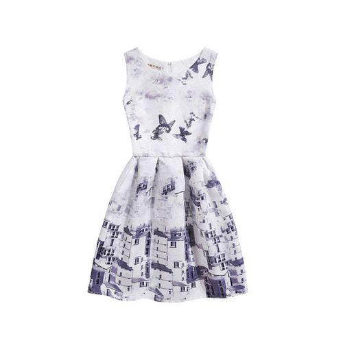 Robe Enfant Fille Motifs Vintage Rétro Paysage Chateau Eglise Élégante Sans Manches Collection Printemps Été Fête Soirée Mariage Cérémonie - Coloris Marron, Gris, Bleu Et Blanc  - Enfant 5 A 12 Ans