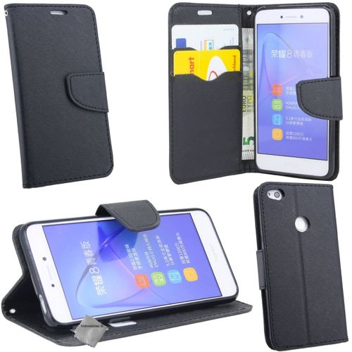 Housse Etui Coque Pochette Portefeuille Pour Huawei P8 Lite (2017) + Verre Trempe - Noir / Noir