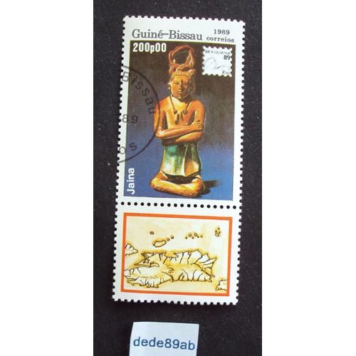Guiné Bissau..  Timbre Jumelé Avec Vignette . 800p00 Statuette - Jaina - Brasiliana Rio 89 . Oblitéré Used Stamp.