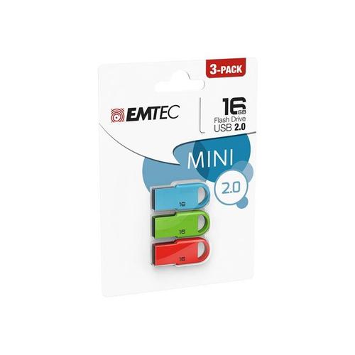 Emtec D250 Mini - Clé USB - 16 Go - USB 2.0 - bleu, rouge, vert (pack de 3)