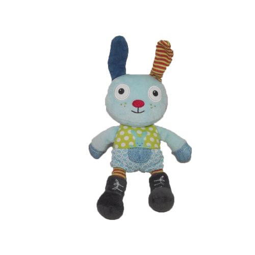 Doudou Pommette Lapin Bleu Oreille Jaune Rayure Rouge