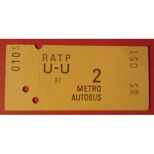 Ticket Métro Autobus Ratp Jaune 2cl Composté 1985