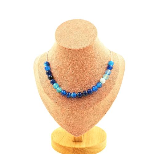 Collier 20 Perles Agate Rubanée Bleu 8 Mm Chaine En Acier Inoxydable.