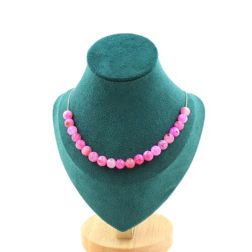 Collier 20 Perles Agate Craquelé Fuchsia 8 Mm. Chaine En Acier Collier Femmes, Hommes. Taille Personnalisable.