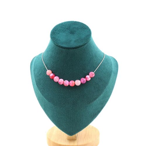 Collier 10 Perles Agate Craquelé Rouge 8 Mm Chaine En Acier Inoxydable.