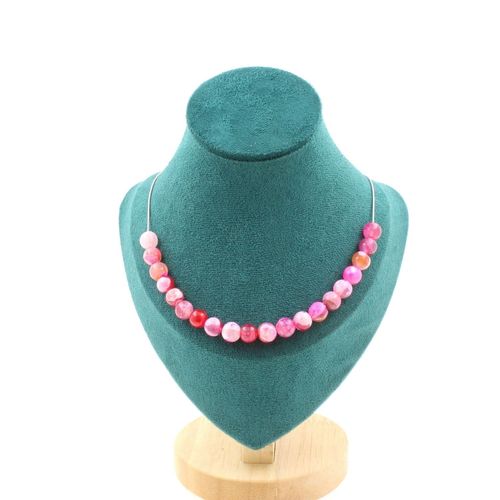 Collier 20 Perles Agate Craquelé Rouge 8 Mm Chaine En Acier Inoxydable.