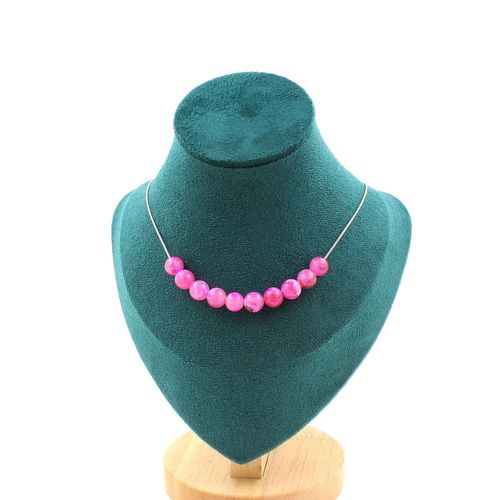 Collier 10 Perles Agate Craquelé Fuchsia 8 Mm. Chaine En Acier Collier Femmes, Hommes. Taille Personnalisable.