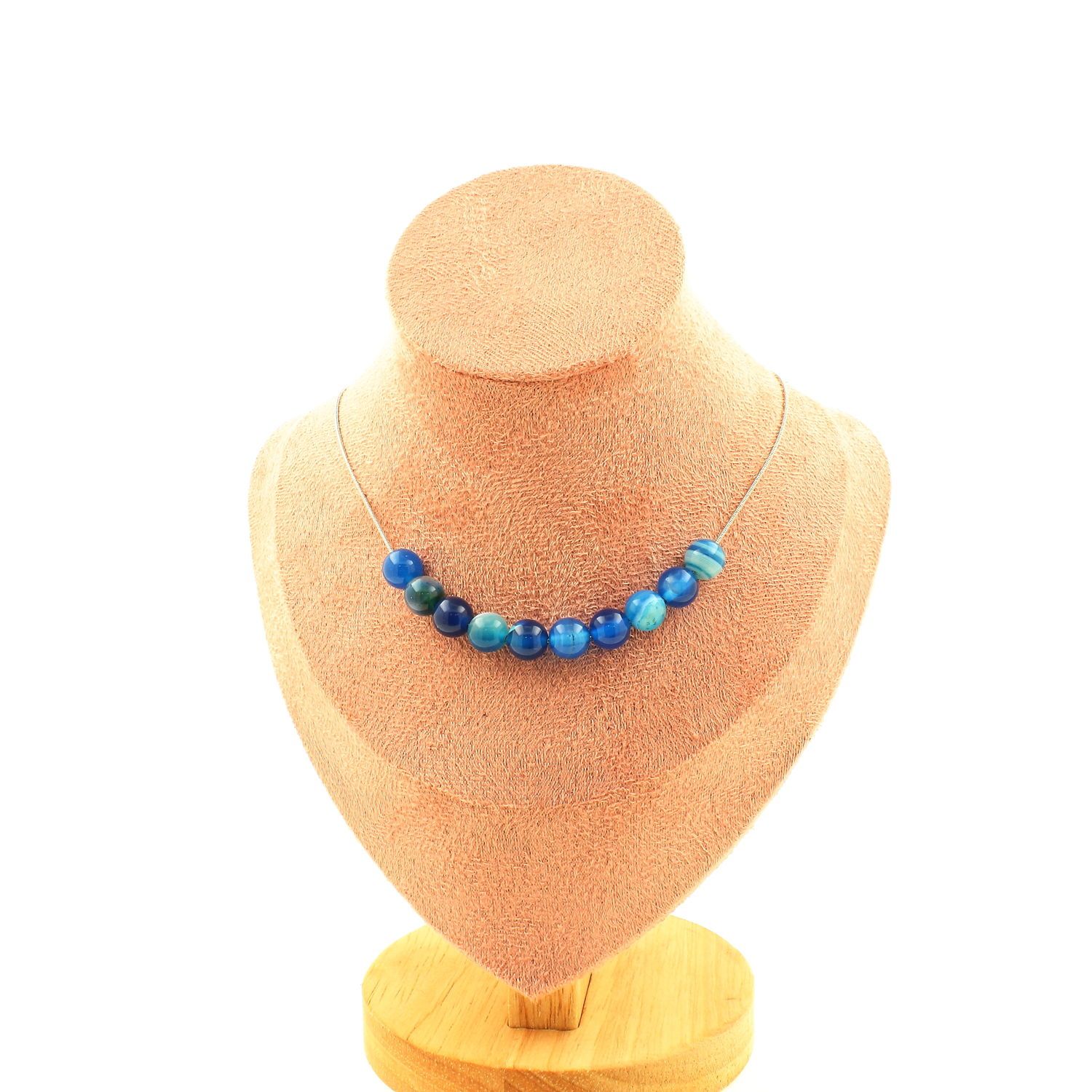 Collier 10 Perles Agate Rubanée Bleu 8 Mm Chaine En Acier Inoxydable.
