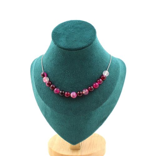 Collier 15 Perles Agate Rubanée Rose 8 Mm. Chaine En Acier Inoxydable Collier Femmes, Hommes. Taille Personnalisable.