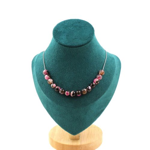 Collier 15 Perles Agate Fuchsia Et Marron 8 Mm. Chaine En Acier Collier Femmes, Hommes. Taille Personnalisable.