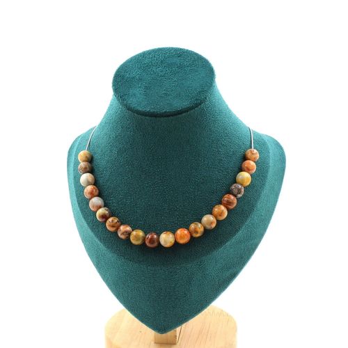 Collier 20 Perles Agate Crazy Lace 8 Mm Chaine En Acier Inoxydable.