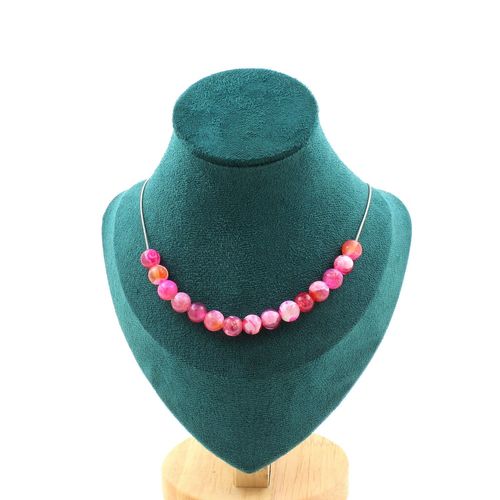 Collier 15 Perles Agate Craquelé Rouge 8 Mm Chaine En Acier Inoxydable.