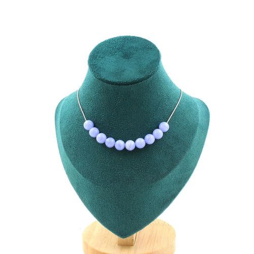 Collier 10 Perles Agate Crazy Lace Bleu 8 Mm Chaine En Acier Inoxydable.