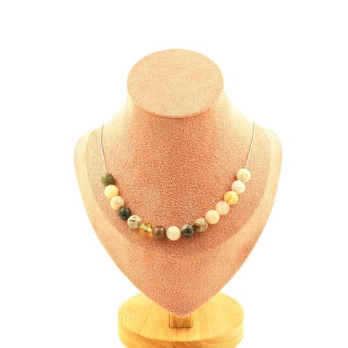 Collier 15 Perles Agate Feuille De Bambou 8 Mm Chaine En Acier Inoxydable.