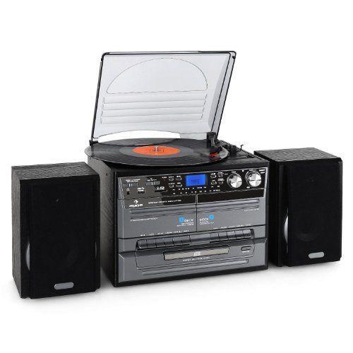 Auna - Mini chaine Hifi avec encodage numérique, lecteur et enregistrement direct vinyle, cassette, CD et radio sur MP3 (USB SD, RCA, Jack connexion casque) - Gris et noir (Import Allemagne)