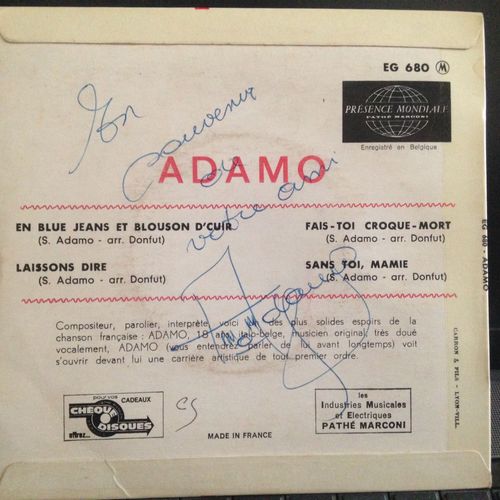 Dédicace De Salvatore Adamo Sur Disque "En Blue Jeans Et Blouson D'cuir" 1963