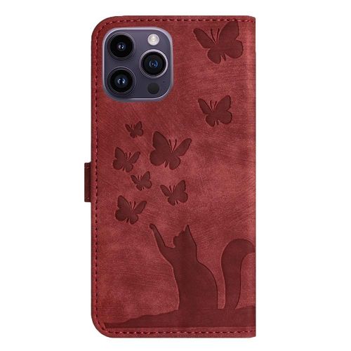 Étui Pour Iphone 15 Pro Max Flip Folio Carte De Poche Chat Papillon Gaufré Étui Portefeuille Housse De Support - Rouge