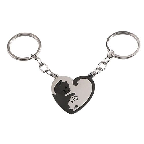 Paire De Porte-Clés Assortis Chat Puzzle En Forme De C?ur Noir Et Argent