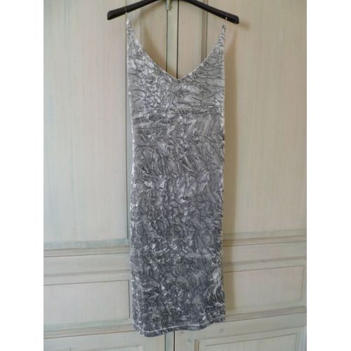 Robe De Soirée / Habillée Gris Velours Avec Bretelles Perles Taille 36 Neuve Marque : Etam