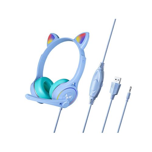 Casque de jeu réglable avec oreilles de chat, lumières LED, casque filaire bleu