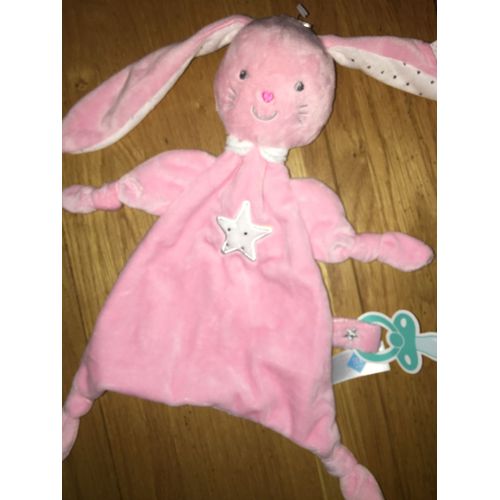 Doudou Lapin Rose Etoiles Argent Attache Tetine Tex Baby Peluche Jouet Plat Pour Bebe 