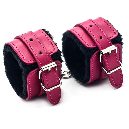 Menottes Cuir Fourrées Poignet Réglable - Bondage Jouet Adultes Bdsm Sextoys Soumission / Rose Fushia - Noir