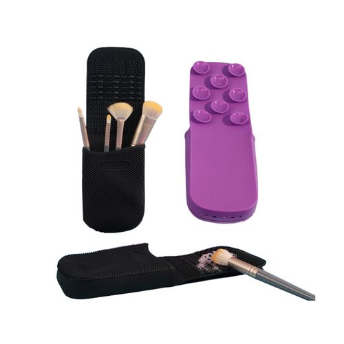 Tapis de nettoyage pour pinceaux de maquillage en Silicone, 2 pièces, sac de rangement pour pinceaux de maquillage, noir et violet