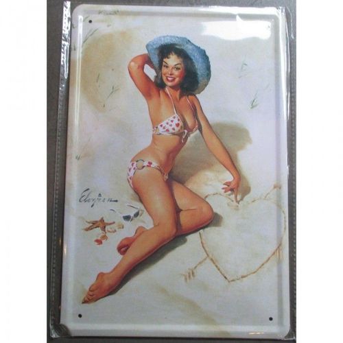 Plaque Pin Up Maillot Bain À La Plage Et Chapeau Bleu Tole