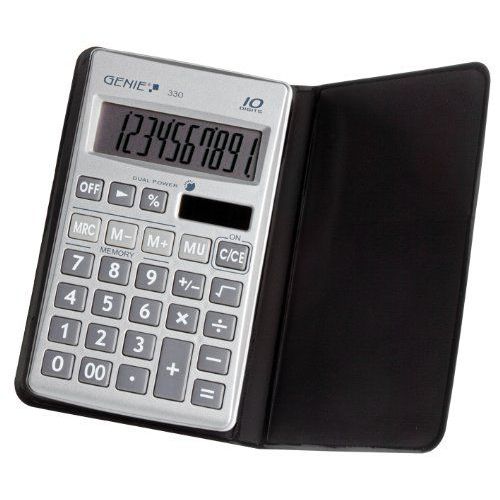 Genie calculatrice 10 chiffres 330 plat avec dual-power (solaire et piles)-avec housse-argent