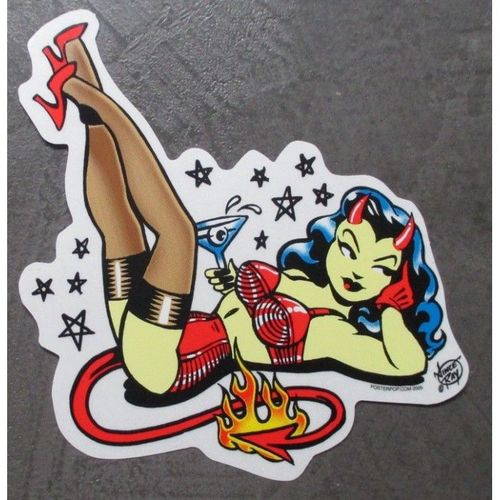 Sticker Pin Up Diablesse Allongé Verre Martini Autocollant