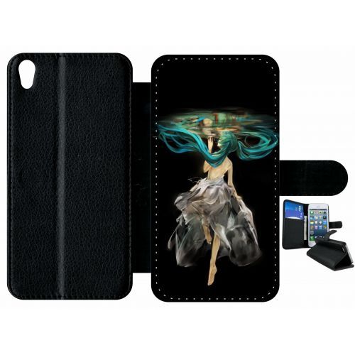 Etui À Rabat Xperia Xa - Manga Fille Cheveux Bleu - Simili-Cuir - Noir