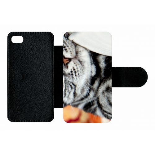 Etui A Rabat - Chat Tigré Gris Yeux Vert - Compatible Avec Apple Iphone 4s - Plastique - Bord Noir