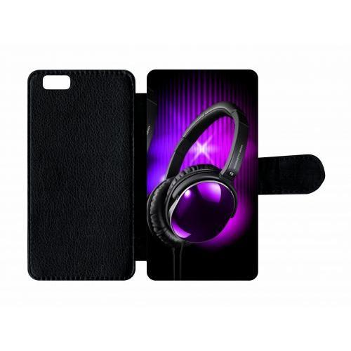 Etui A Rabat - Casque Audio Violet Fond Noir - Compatible Avec Apple Iphone 6 - Plastique - Bord Noir
