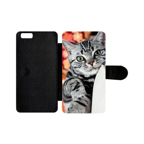 Etui A Rabat - Chat Tigré Gris Yeux Vert - Compatible Avec Apple Iphone 6 Plus - Plastique - Bord Noir