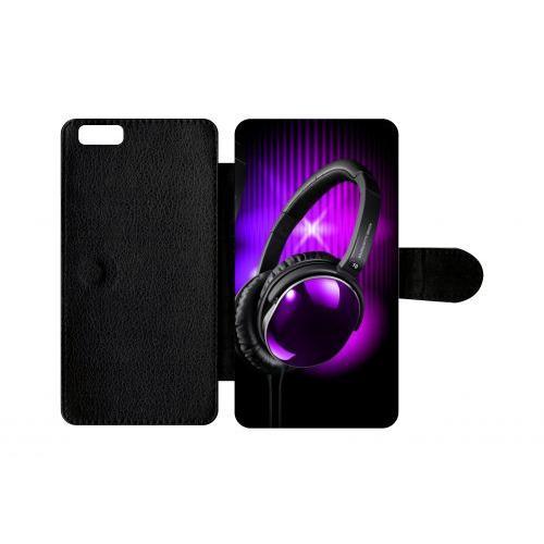 Etui A Rabat - Casque Audio Violet Fond Noir - Compatible Avec Apple Iphone 6 Plus - Plastique - Bord Noir