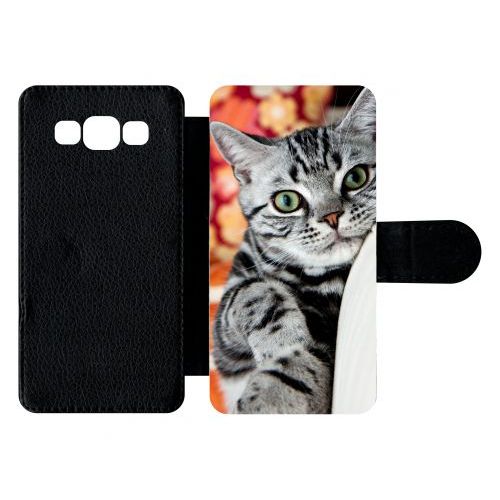 Etui À Rabat Galaxy A5 (2015) - Chat Tigré Gris Yeux Vert - Simili-Cuir - Noir