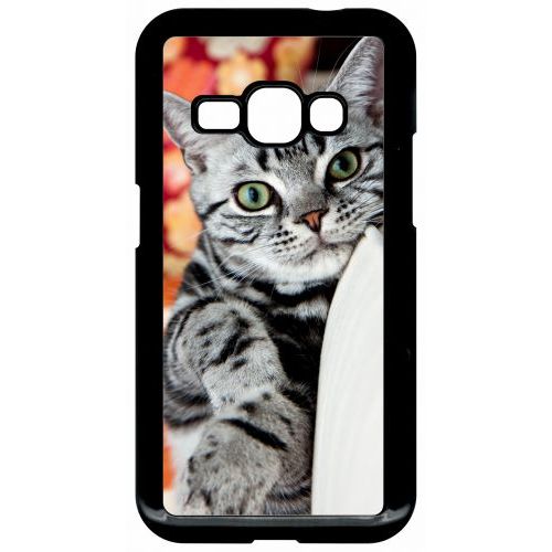Coque Pour Smartphone - Chat Tigré Gris Yeux Vert - Compatible Avec Samsung Galaxy J1 (2016) - Plastique - Bord Noir